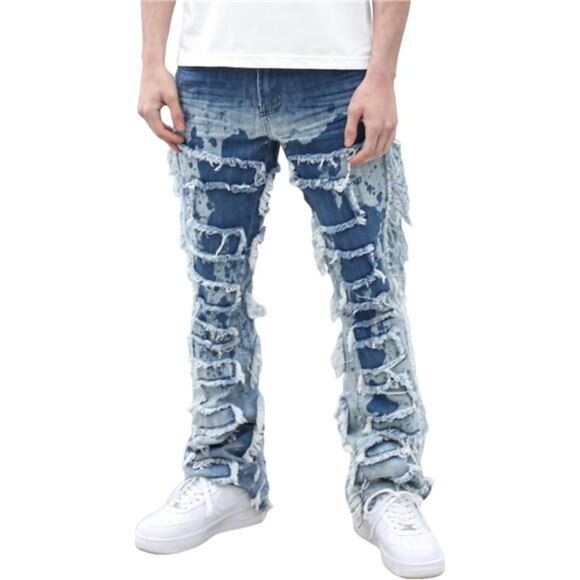 New w Tags Men's Ripped Bootcut Jeans Slim Fit Bell Bottom Ripped Flared Denim - Picture 1 of 7